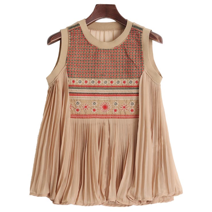 フロント刺繍プリーツノースリーブチュニック レディース トップス