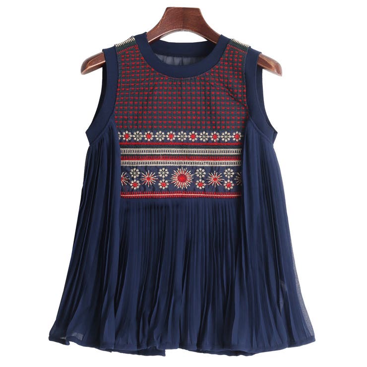 フロント刺繍プリーツノースリーブチュニック レディース トップス