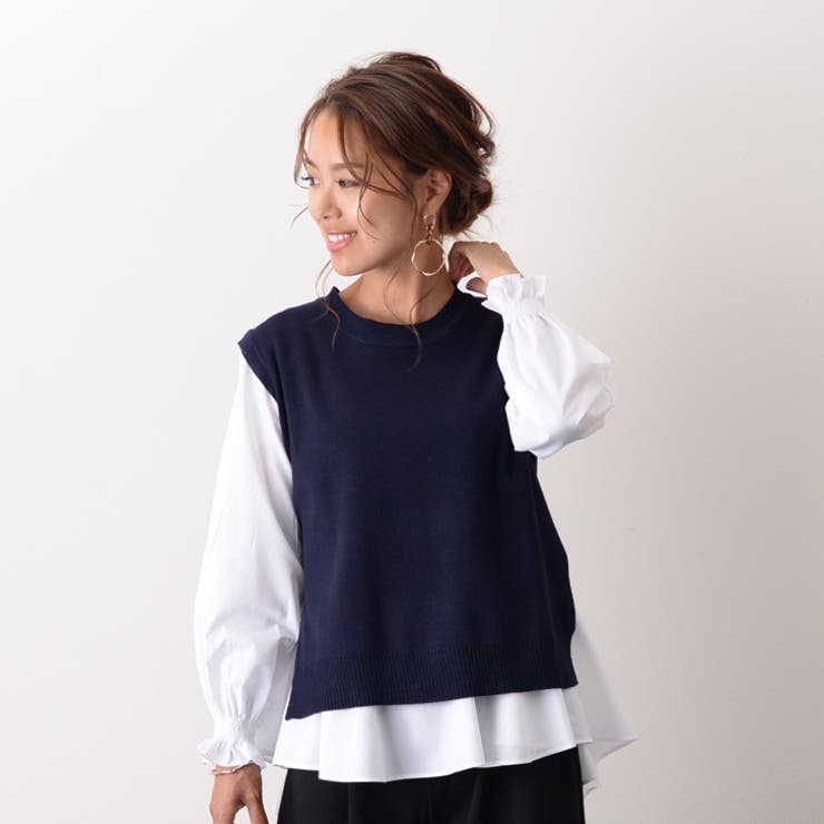 裾フリルブラウス×バックスリットニットセット レディース