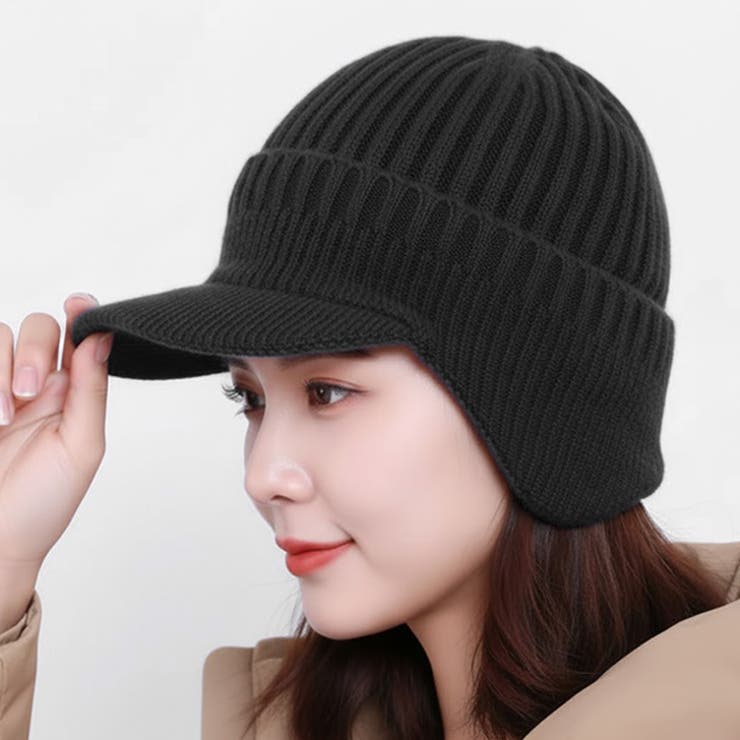 ブラック | ニット帽 ニットキャップ 耳当て付き帽子 | REAL STYLE