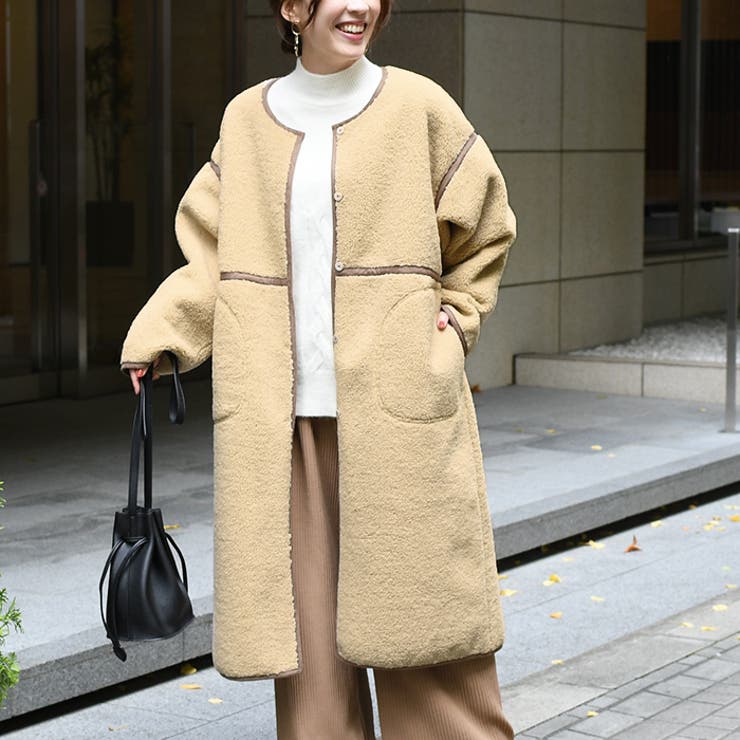 フェイクムートン×ボアリバーシブルパイピングロングコート