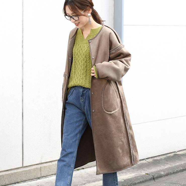 フェイクムートン×ボアリバーシブルパイピングロングコート