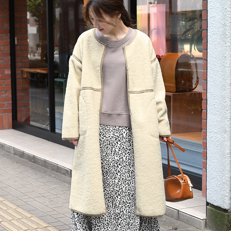 フェイクムートン×ボアリバーシブルパイピングロングコート