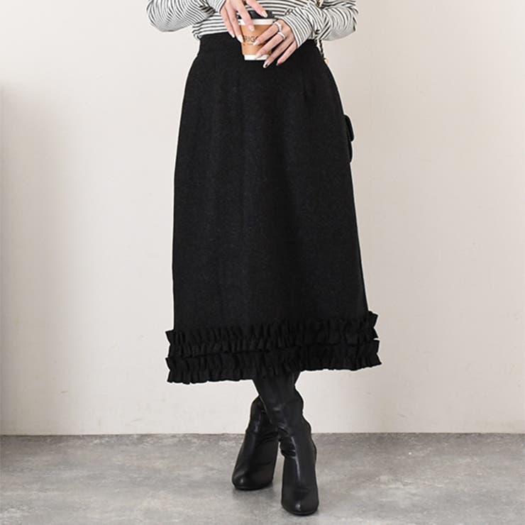 ブラック | スカート ウールライク 裾フリル | REAL STYLE