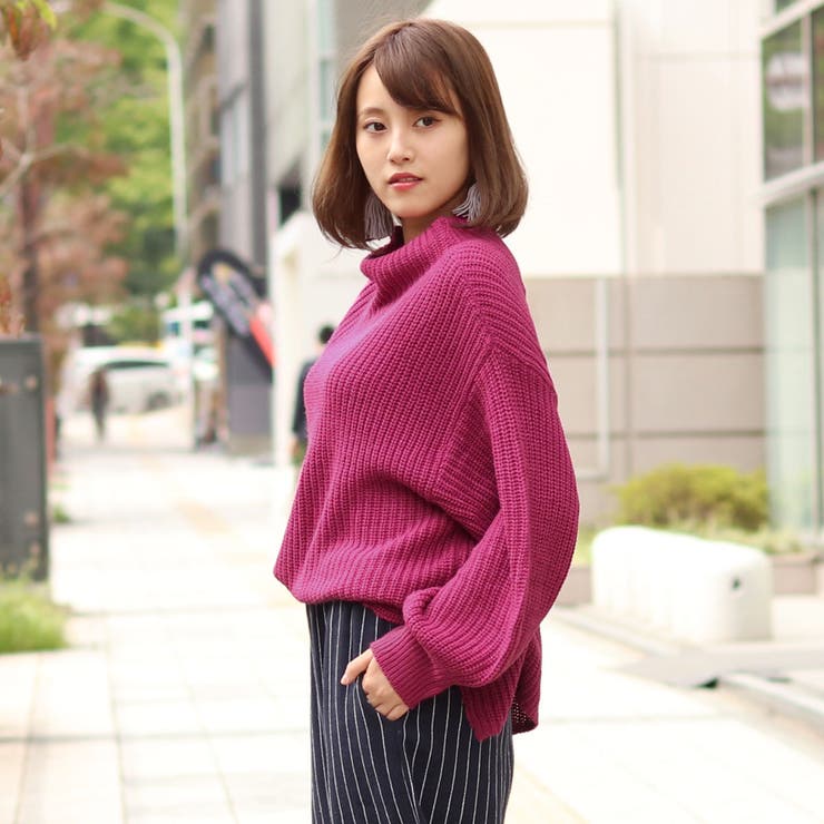 バルーンスリーブボトルネックゆるニット レディース トップス[品番