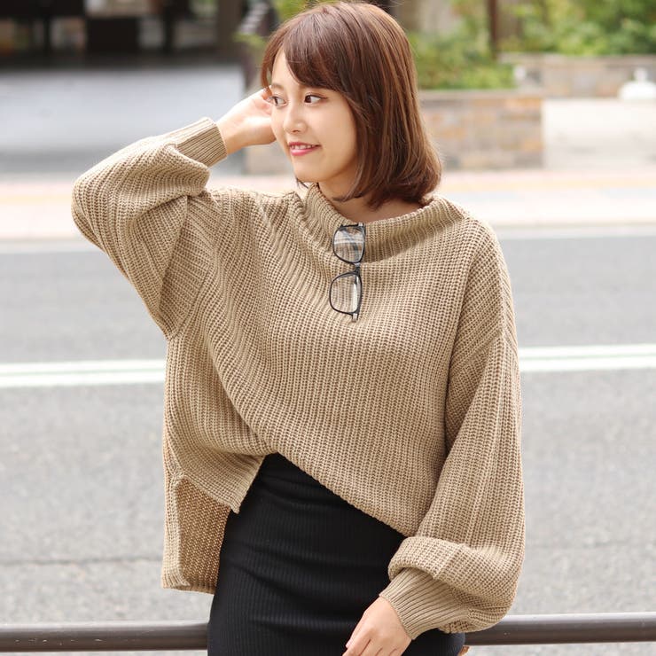 バルーンスリーブボトルネックゆるニット レディース トップス[品番