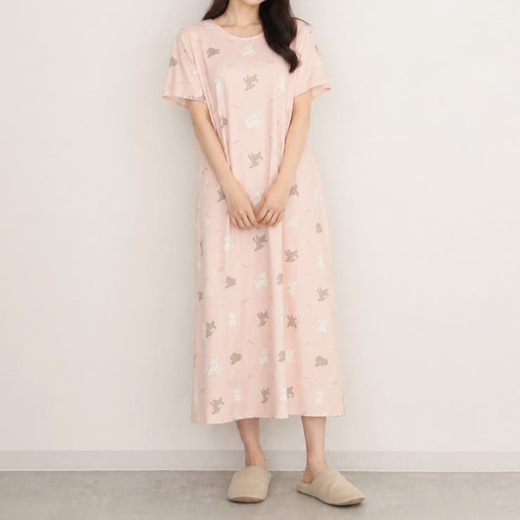 イヌ柄(ライトピンク) | ロングワンピース 夏 半袖 | REAL STYLE