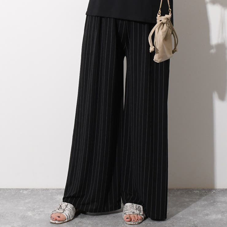 ブラック | サラてろストライプワイドパンツ レディース ボトムス | REAL STYLE