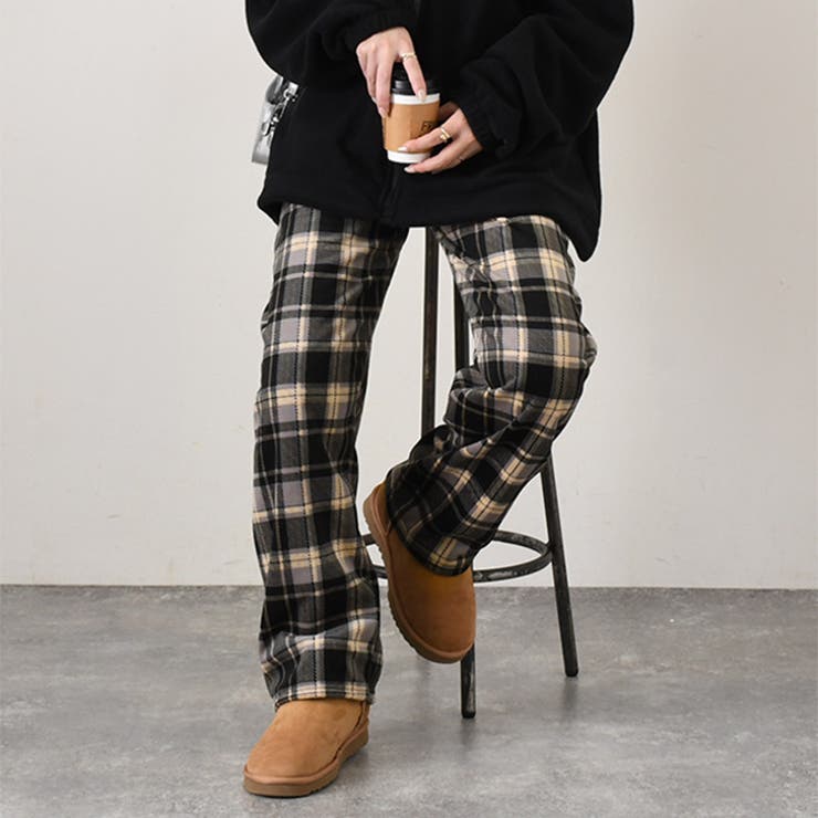 ブラック | ワイドパンツ レディース チェック柄 | REAL STYLE