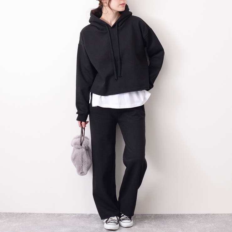 裏起毛ショート丈パーカー×カットオフワイドパンツセットアップ