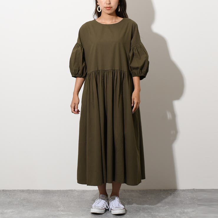 バックボタンパフスリーブロングワンピース レディース 夏[品番  