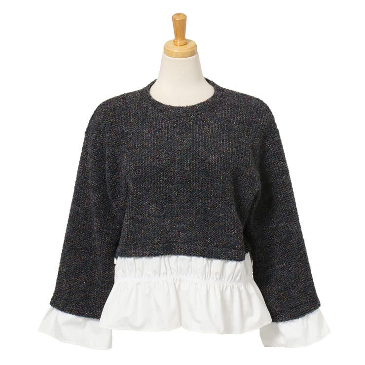 チャコール | ワイドスリーブフリルシャツレイヤード風ミックスニット レディース トップス | REAL STYLE