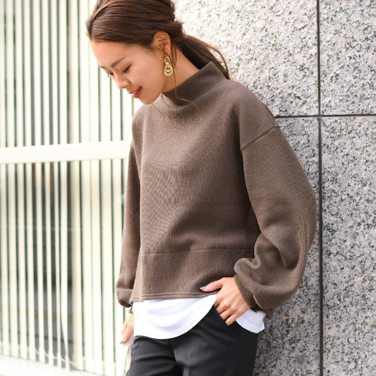 モックネック ショルダー ライン リブ ニット 韓国 i2101 モックネックレイヤード風リブニット レディース トップス[品番