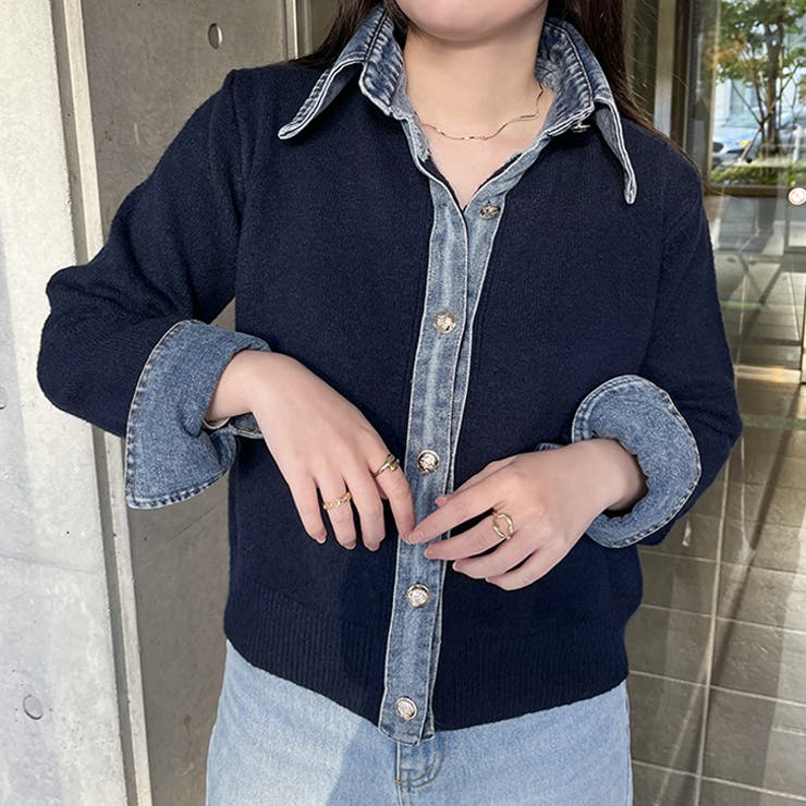 ネイビー | ニットカーディガン デニム 切替 | REAL STYLE