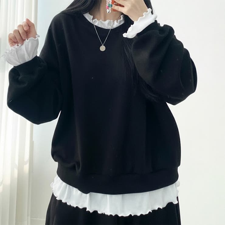 ブラック | ライトスウェット レイヤード風 トレーナー | REAL STYLE