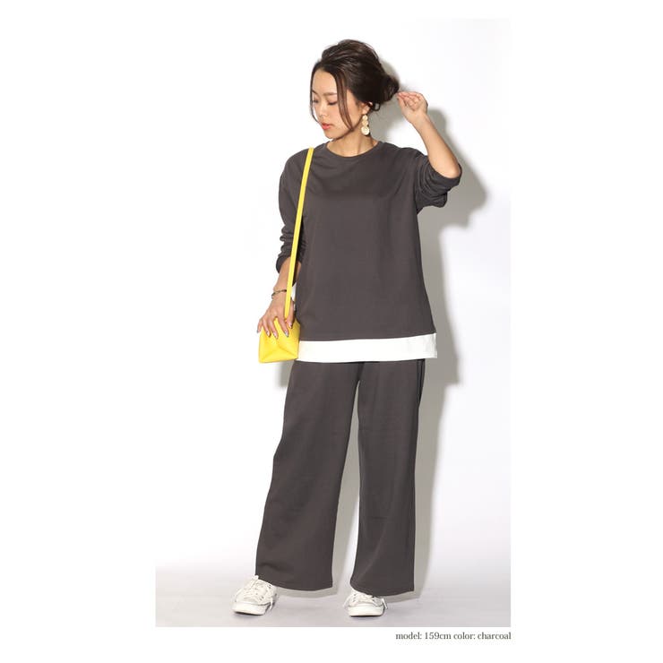 レイヤード風カットソー×ワイドパンツセットアップ
