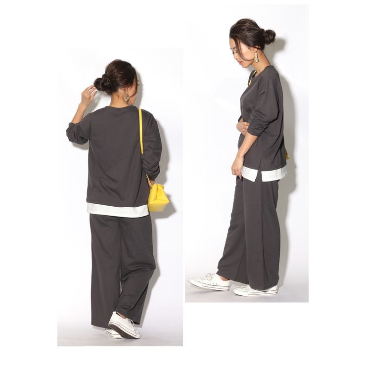レイヤード風カットソー×ワイドパンツセットアップ