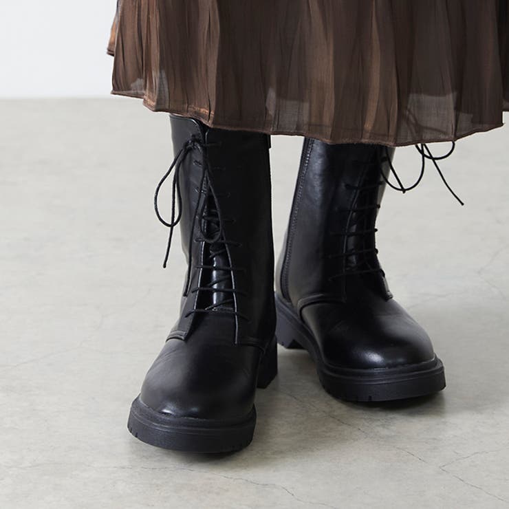 1020ブラックPU | レースアップブーツ レディース 厚底 | welleg