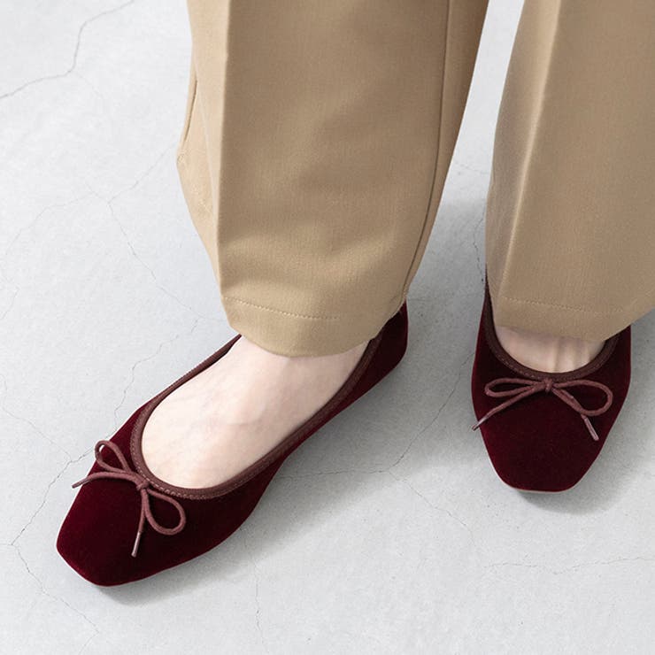 4042レッドベロア | スクエアトゥ バレエシューズ バレエコア | welleg