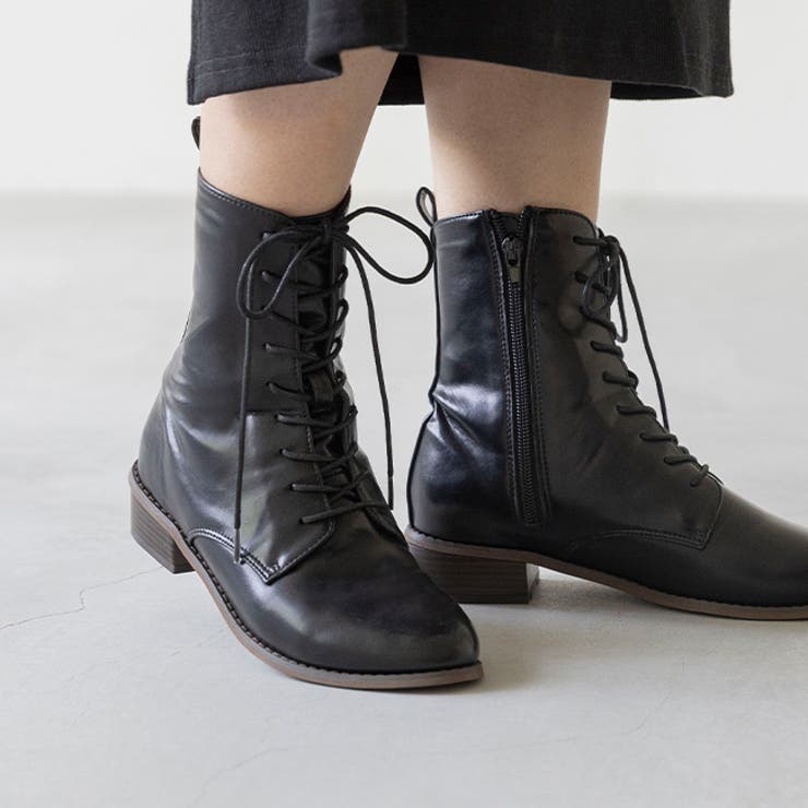 1020ブラックPU | ミドルブーツ レディース レースアップブーツ | welleg