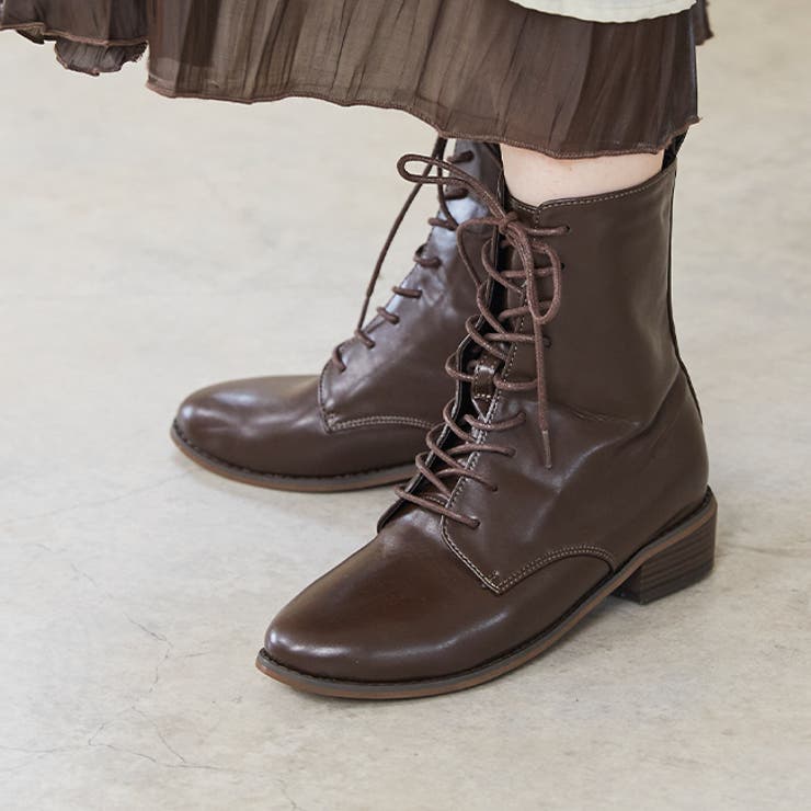1086ダークブラウンPU | ミドルブーツ レディース レースアップブーツ | welleg