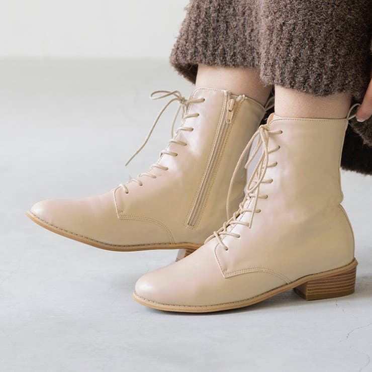 1001アイボリーPU | ミドルブーツ レディース レースアップブーツ | welleg
