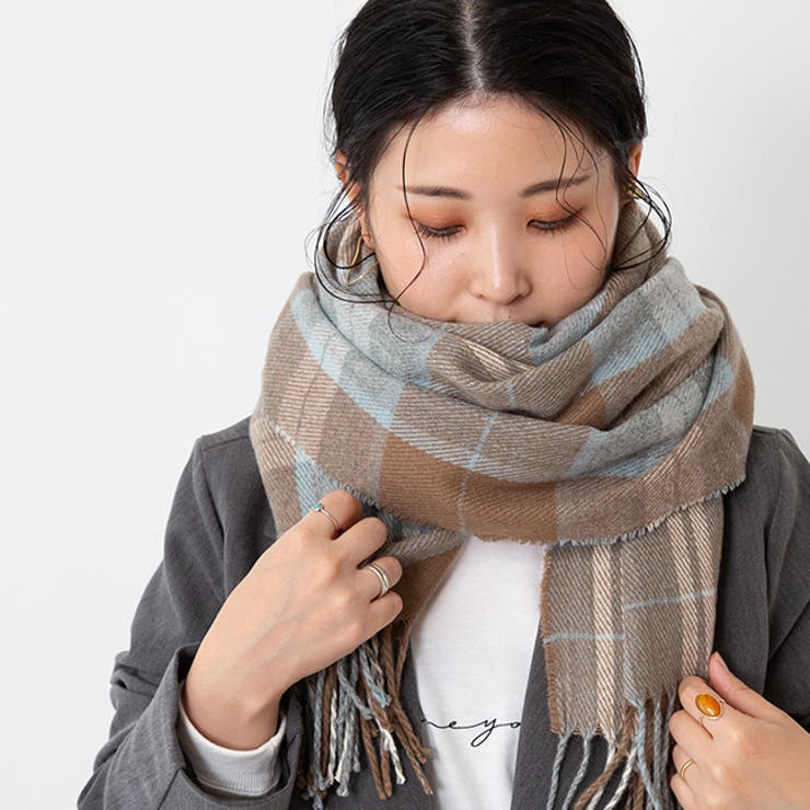 ベージュxライトブルー | なめらかプレーン 大判ストール マフラー | welleg