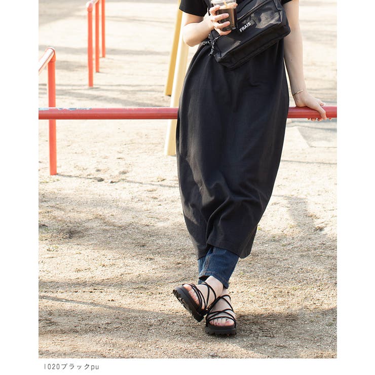 レースアップ厚底サンダル フラットサンダル レディース[品番