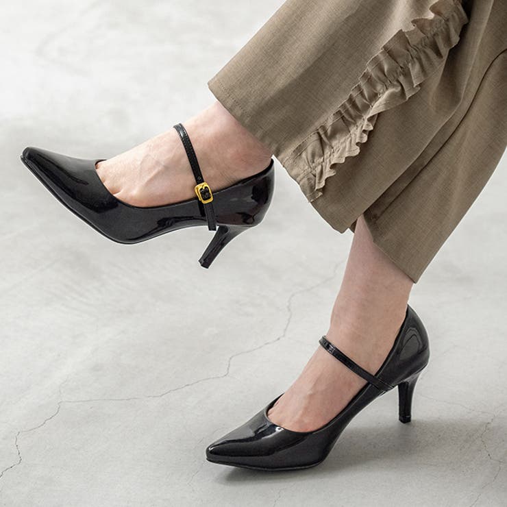 ブラック／エナメル調 | ストラップ 7cmヒール パンプス | welleg