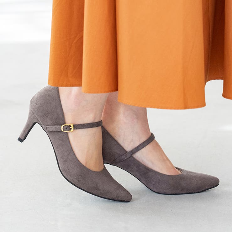 チャコール／スエード調 | ストラップ 7cmヒール パンプス | welleg