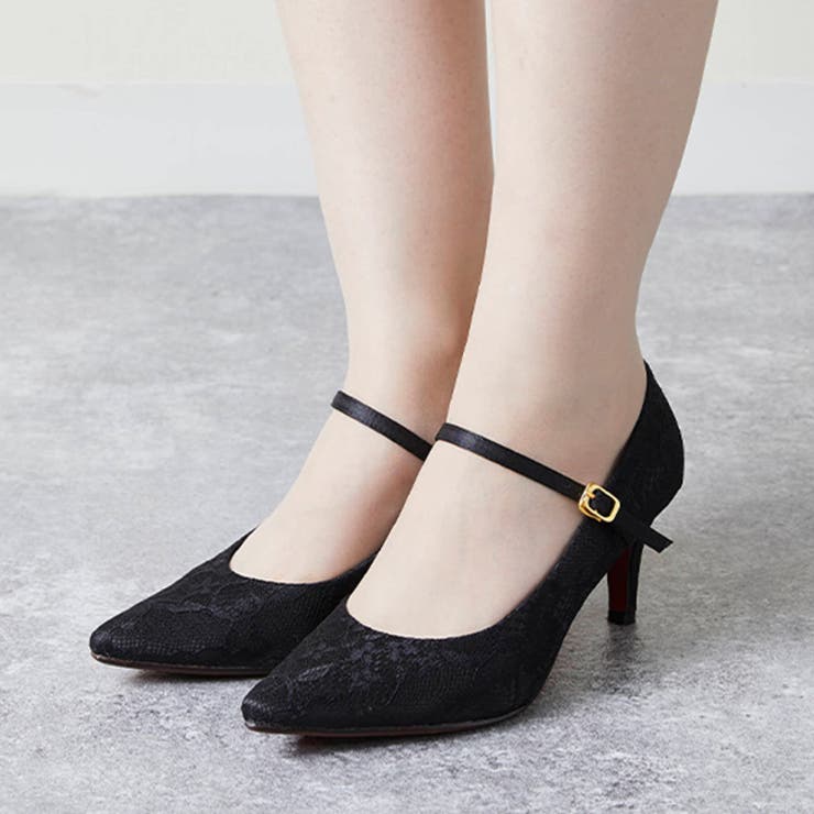 ブラックレースレッド底／クロス | ストラップ 7cmヒール パンプス | welleg