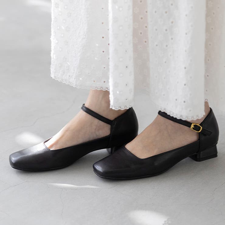 1020ブラックPU | スクエアトゥ ストラップ 変形ヒール | welleg