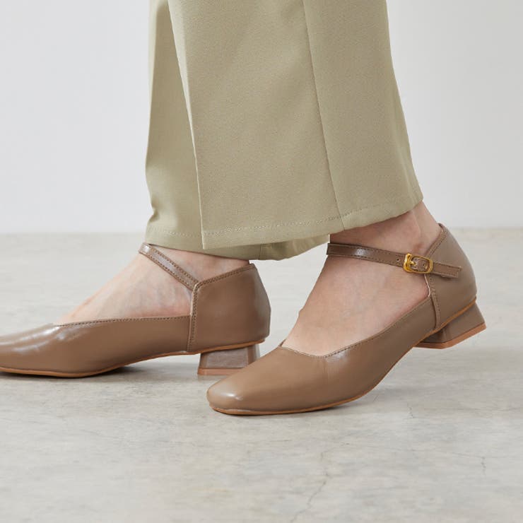 1034グレージュPU | スクエアトゥ ストラップ 変形ヒール | welleg