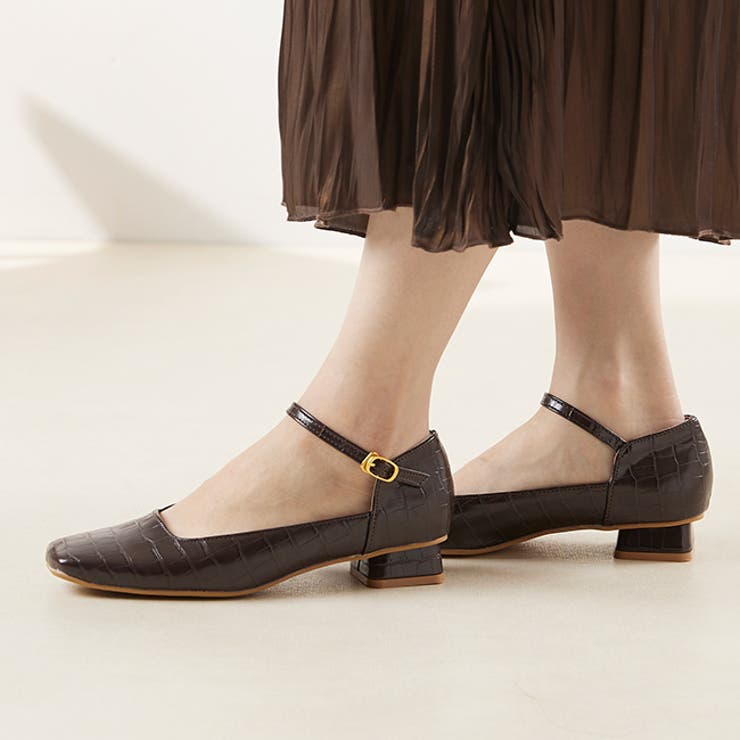 1220ダークブラウンクロコPU | スクエアトゥ ストラップ 変形ヒール | welleg