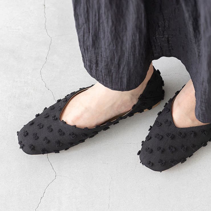 ブラックポンポン／クロス調 | スクエアトゥ 2wayバブーシュ レディース | welleg