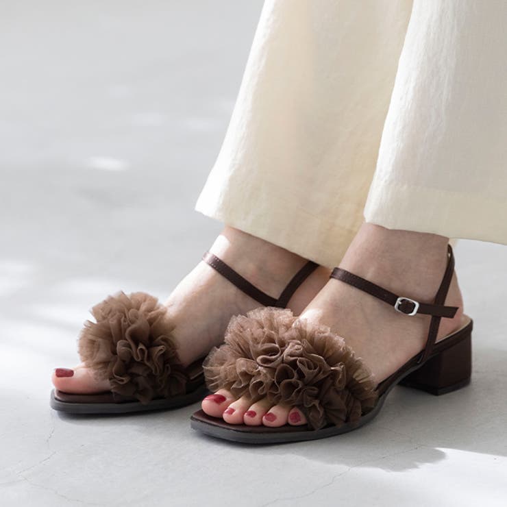 4084ブラウンチュール | ストラップサンダル レディース チャンキーヒール | welleg