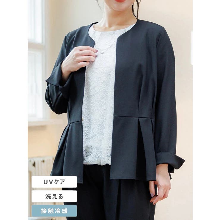 ストレッチツイルノーカラーペプラムジャケット[品番