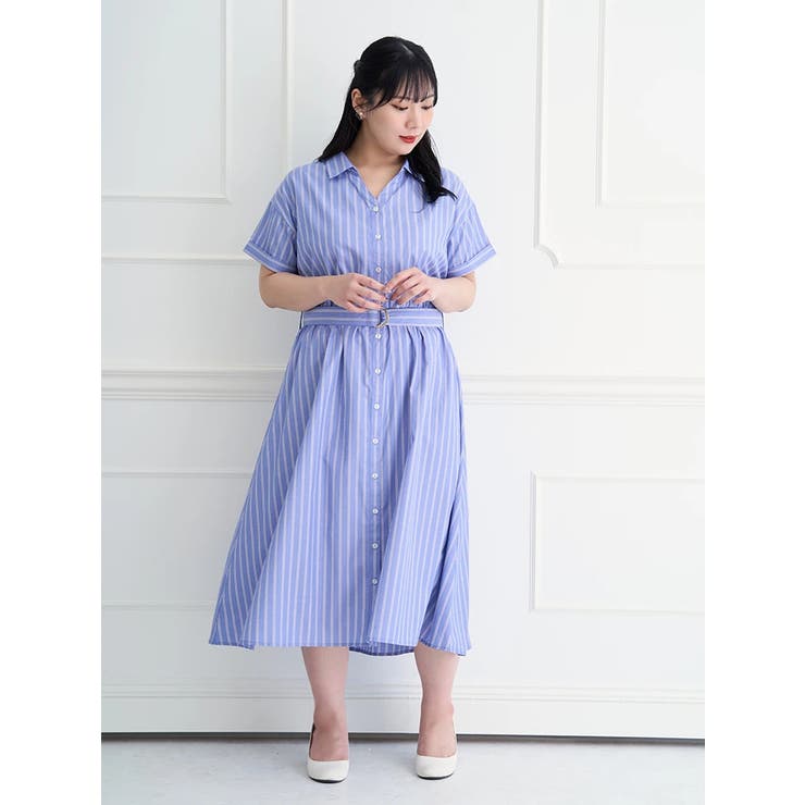 ストライプ柄スキッパーシャツワンピース[品番：PLMW0012323