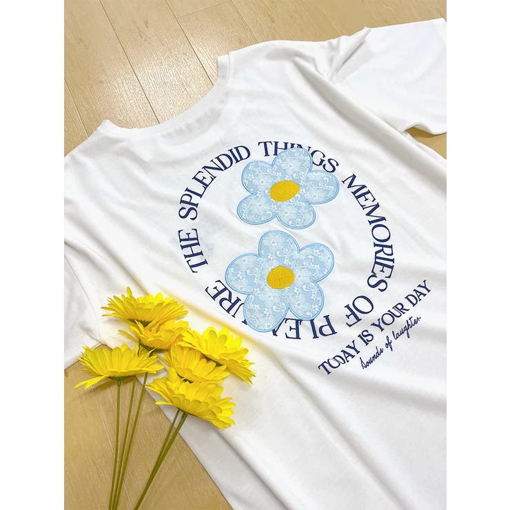 レースフラワー刺繍バックプリントTシャツ[品番：PLMW0012249