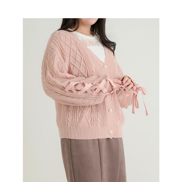 袖リボンケーブルニットカーディガン[品番：PLMW0012989]｜Re