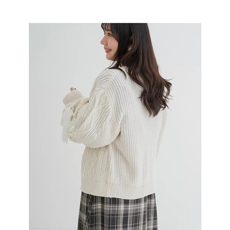 袖リボンケーブルニットカーディガン[品番：PLMW0012989]｜Re