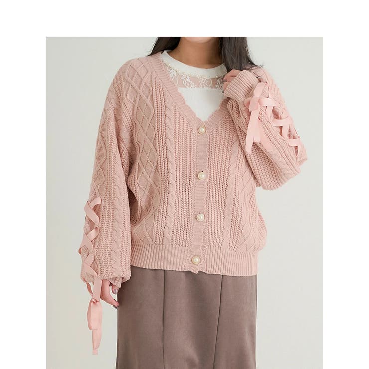 袖リボンケーブルニットカーディガン[品番：PLMW0012989]｜Re