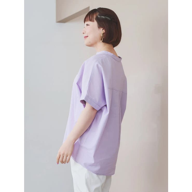やわさらリネン】スキッパーバンドカラーシャツ[品番