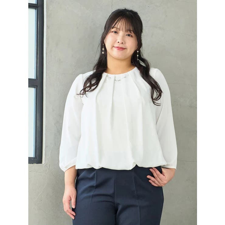 オフホワイト | ラクケアアクセサリー付きタックバルーンブラウス | Re-J＆SUPURE