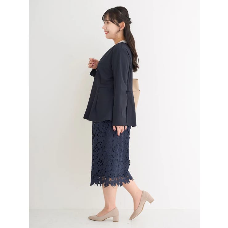 接触冷感】【ストレッチツイル】ノーカラーペプラムジャケット