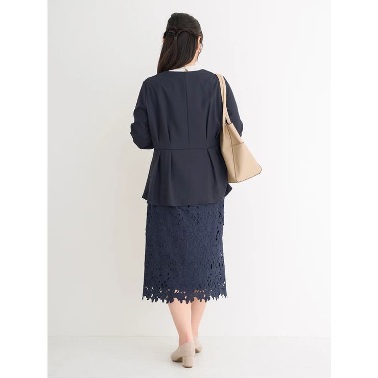 ツイルストレッチノーカラージャケット 日本製 ペプラム フレア Re-J&SUPURE｜【接触冷感】【ストレッチツイル】ノーカラー