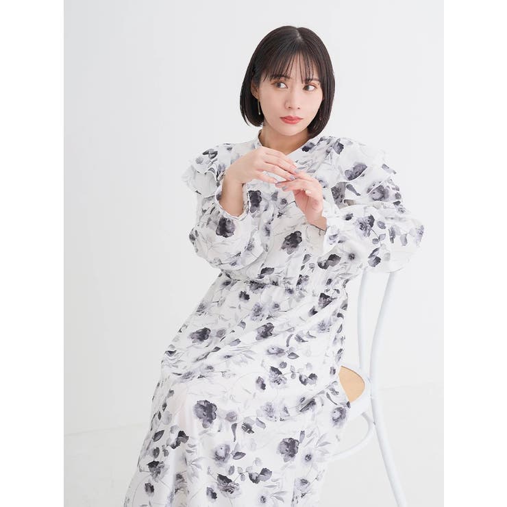 水彩花柄ショルダーフリルワンピース[品番：PLMW0013385]｜Re  