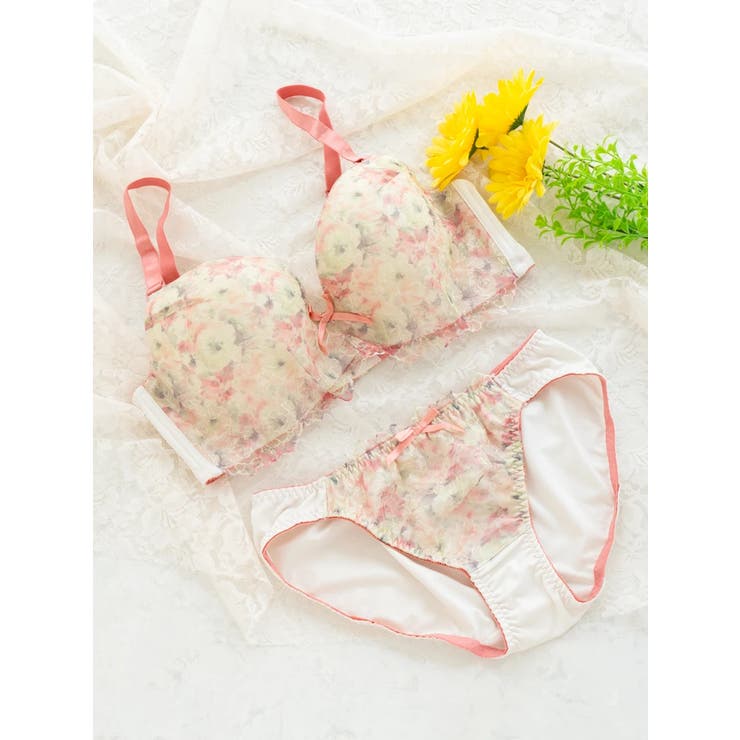 ピンク | [D85-H95]【脇高】フラワープリントブラ＆ショーツ(モールドカップ) | Re-J＆SUPURE