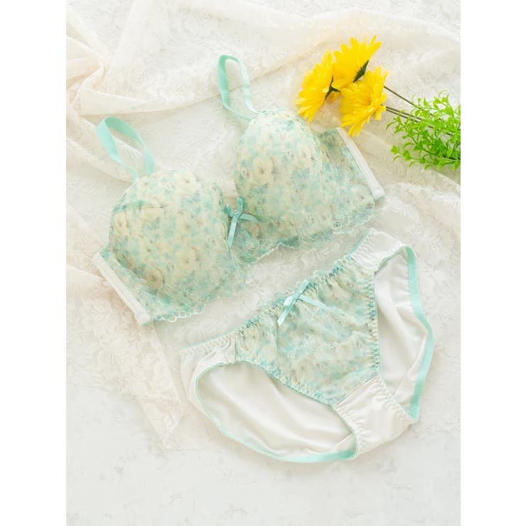 黄緑 | [D85-H95]【脇高】フラワープリントブラ＆ショーツ(モールドカップ) | Re-J＆SUPURE