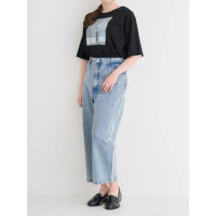 サイドリボンレースワイドデニムパンツ[品番：PLMW0013751]｜Re